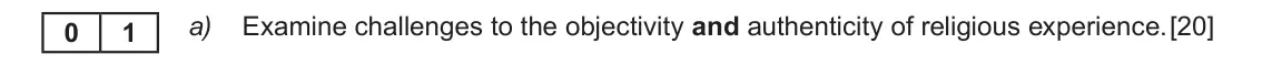 June 2019 Component 2, question 1(a): Examine challenges to the objectivity and authenticity of religious experience. 0 1