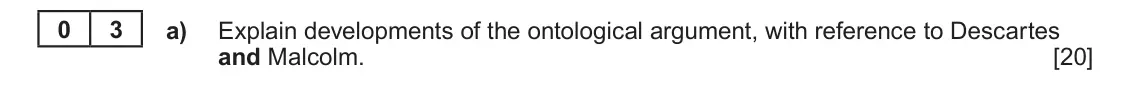 June 2022 Component 2, question 3(a): Explain developments of the ontological argument, with reference to Descartes and Malcolm.