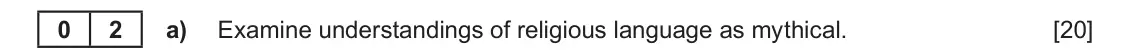Autumn 2021 Component 2, question 2(a): Examine understandings of religious language as mythical. 0 2