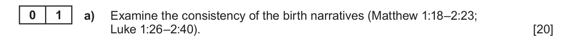 June 2022 Component 1A, question 1(a): Examine the consistency of the birth narratives (Matthew 1:18–2:23; Luke 1:26–2:40).