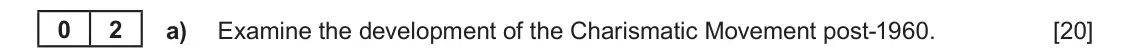 Autumn 2021 Component 1A, question 2(a): Examine the development of the Charismatic Movement post-1960. 0 2