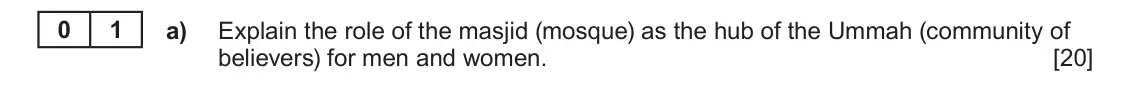 June 2022 Component 1B, question 1(a): Explain the role of the masjid (mosque) as the hub of the Ummah (community of believers) for men and women.