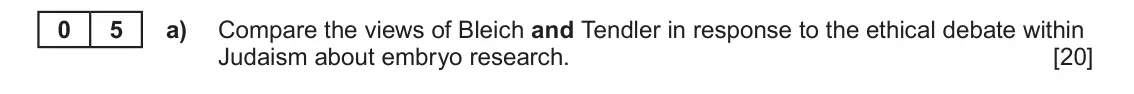 June 2023 Component 1C, question 5(a): Compare the views of Bleich and Tendler in response to the ethical debate within Judaism about embryo research.