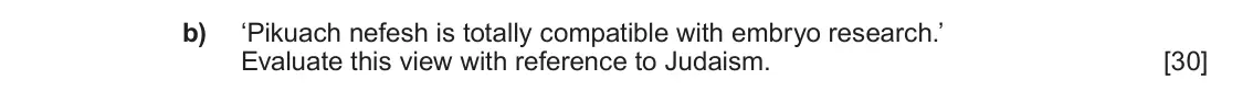 June 2023 Component 1C, question 5(b): ‘Pikuach nefesh is totally compatible with embryo research.’ Evaluate this view with reference to Judaism.