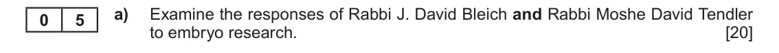 Autumn 2020 Component 1C, question 5(a): Examine the responses of Rabbi J. David Bleich and Rabbi Moshe David Tendler to embryo research.