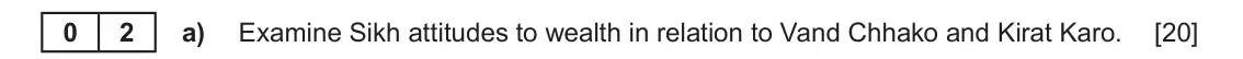 June 2022 Component 1F, question 2(a): Examine Sikh attitudes to wealth in relation to Vand Chhako and Kirat Karo. 0 2
