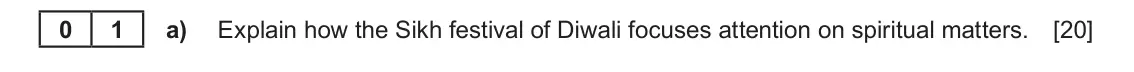 June 2023 Component 1F, question 1(a): Explain how the Sikh festival of Diwali focuses attention on spiritual matters. 0 1