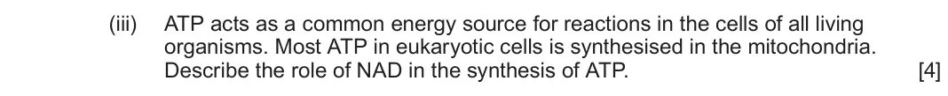 June 2022 Component 1, question 2(a)(iii): ATP acts as a common energy source for reactions in the cells of all living organisms. Most ATP in eukaryotic cells is synthesised in the mitochondria. Describe