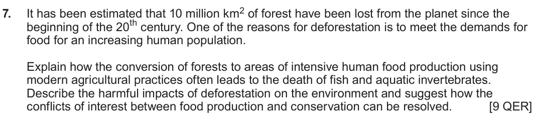 June 2022 Component 1, question 7: It has been estimated that 10 million km2 of forest have been lost from the planet since the beginning of the 20th century. One of the reasons for deforestation