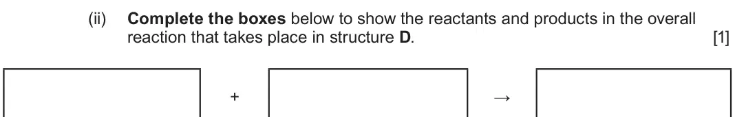 June 2023 Component 1, question 1(b)(ii): Complete the boxes below to show the reactants and products in the overall reaction that takes place in structure D. [1] + →