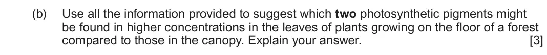 June 2023 Component 1, question 2(b): Use all the information provided to suggest which two photosynthetic pigments might be found in higher concentrations in the leaves of plants growing on the flo