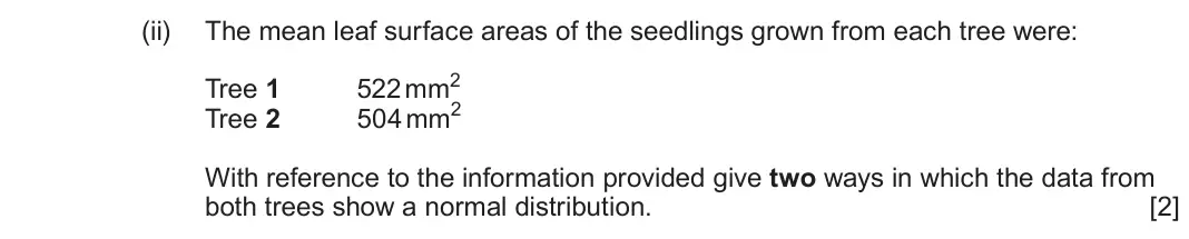 June 2023 Component 1, question 2(d)(ii): The mean leaf surface areas of the seedlings grown from each tree were: Tree 1 522 mm2 Tree 2 504 mm2 With reference to the information provided give two ways i