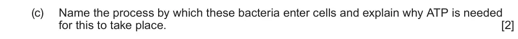 June 2023 Component 1, question 5(c): Name the process by which these bacteria enter cells and explain why ATP is needed for this to take place. [2]