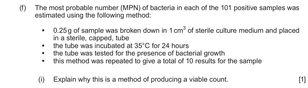 June 2023 Component 1, question 5(f)(i): Explain why this is a method of producing a viable count. [1]
