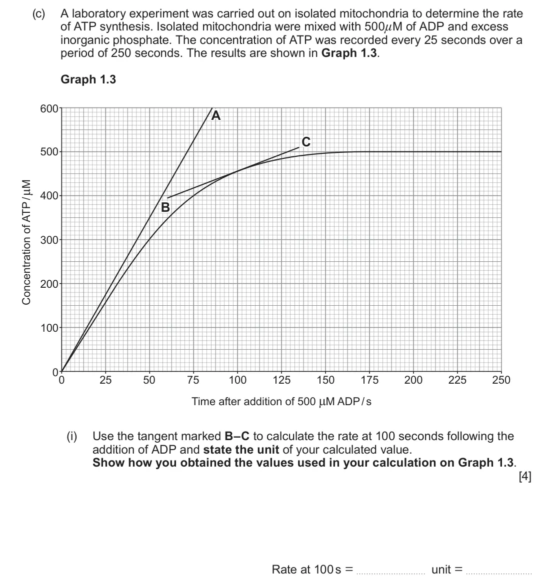 June 2024 Component 1, question 1(c)(i): Use the tangent marked B–C to calculate the rate at 100 seconds following the addition of ADP and state the unit of your calculated value. Show how you obtained