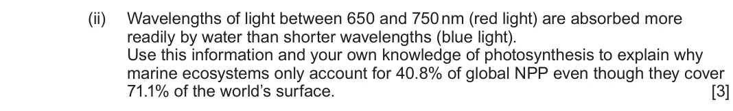 June 2024 Component 1, question 2(b)(ii): Wavelengths of light between 650 and 750 nm (red light) are absorbed more readily by water than shorter wavelengths (blue light). Use this information and your 