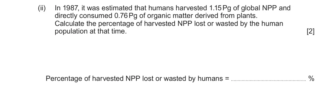 June 2024 Component 1, question 2(c)(ii): In 1987, it was estimated that humans harvested 1.15 Pg of global NPP and directly consumed 0.76 Pg of organic matter derived from plants. Calculate the percent