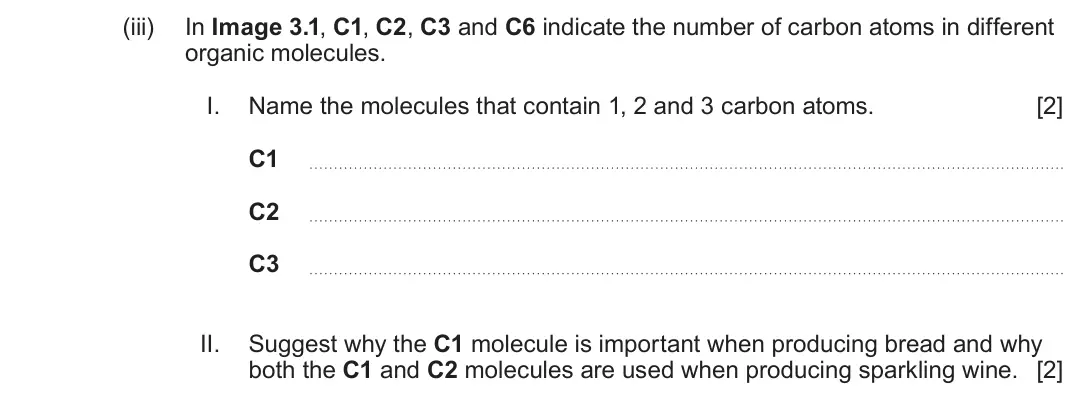 June 2024 Component 1, question 3(a)(iii): In Image 3.1, C1, C2, C3 and C6 indicate the number of carbon atoms in different organic molecules. I. Name the molecules that contain 1, 2 and 3 carbon atoms.