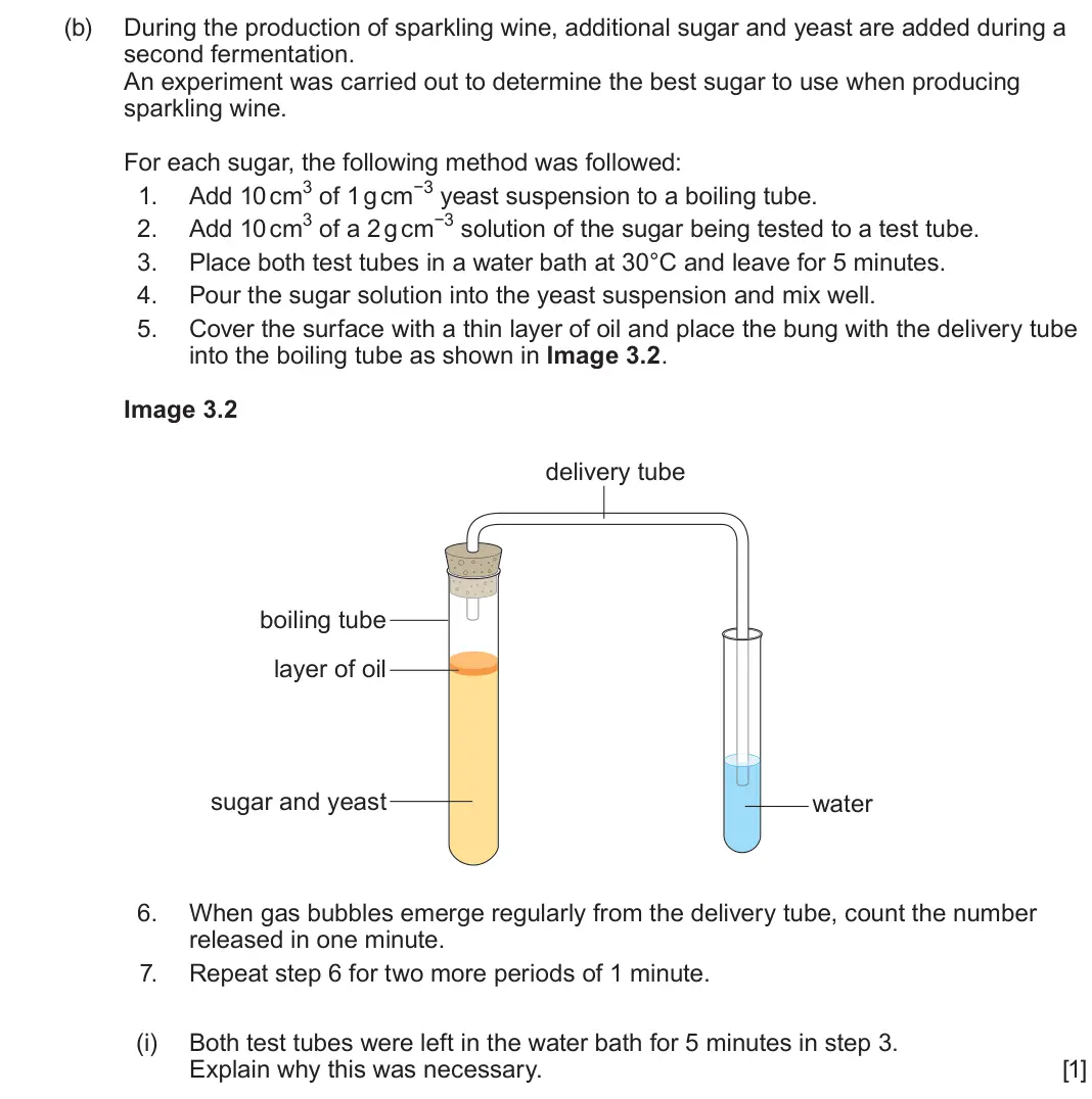 June 2024 Component 1, question 3(b)(i): Both test tubes were left in the water bath for 5 minutes in step 3. Explain why this was necessary. [1]