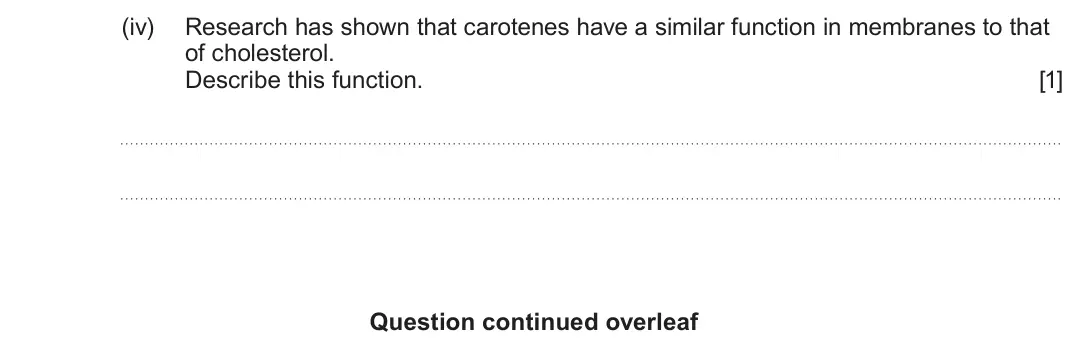 June 2024 Component 1, question 4(a)(iv): Research has shown that carotenes have a similar function in membranes to that of cholesterol. Describe this function. [1] Question continued overleaf