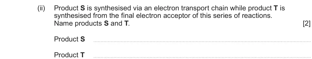 June 2024 Component 1, question 4(d)(ii): Product S is synthesised via an electron transport chain while product T is synthesised from the final electron acceptor of this series of reactions. Name produ