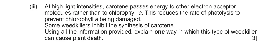 June 2024 Component 1, question 4(d)(iii): At high light intensities, carotene passes energy to other electron acceptor molecules rather than to chlorophyll a. This reduces the rate of photolysis to prev