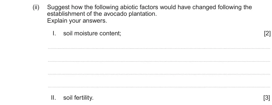 June 2024 Component 1, question 5(b)(ii): Suggest how the following abiotic factors would have changed following the establishment of the avocado plantation. Explain your answers. I. soil moisture conte
