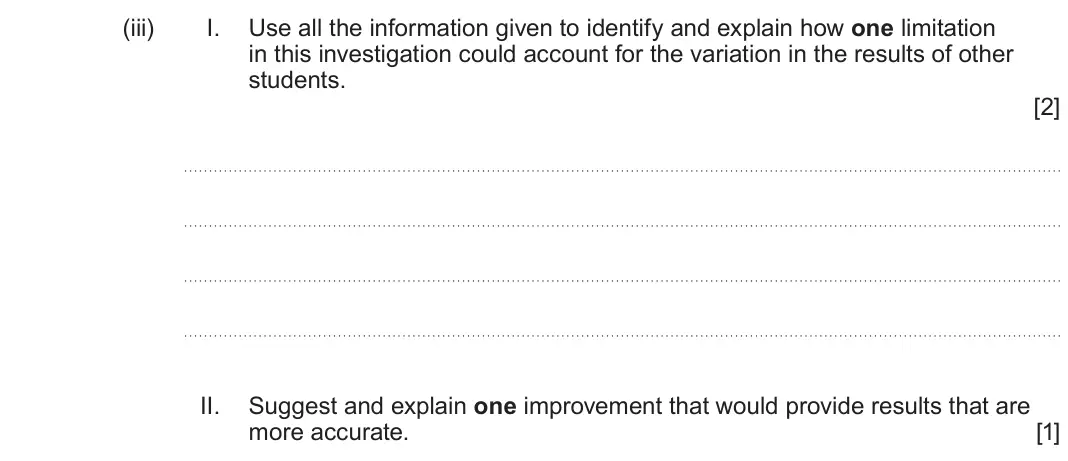 June 2025 Component 1, question 1(b)(iii): I. Use all the information given to identify and explain how one limitation in this investigation could account for the variation in the results of other studen