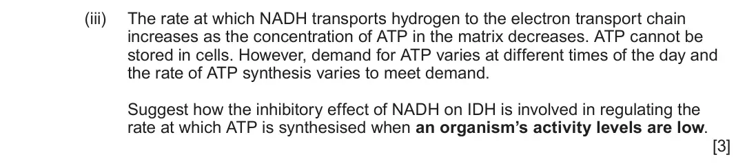June 2025 Component 1, question 5(d)(iii): The rate at which NADH transports hydrogen to the electron transport chain increases as the concentration of ATP in the matrix decreases. ATP cannot be stored i