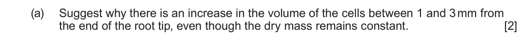 June 2023 Component 2, question 2(a): Suggest why there is an increase in the volume of the cells between 1 and 3 mm from the end of the root tip, even though the dry mass remains constant. [2]