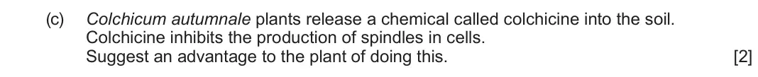 June 2023 Component 2, question 3(c): Colchicum autumnale plants release a chemical called colchicine into the soil. Colchicine inhibits the production of spindles in cells. Suggest an advantage to 
