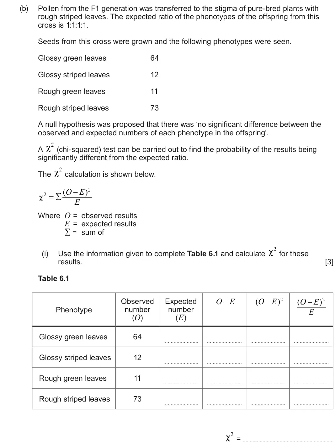June 2023 Component 2, question 6(b)(i): results. [3] Table 6.1 Observed Expected O  E ( O  E ) 2 ( O  E ) 2 Phenotype number number E (O) (E) Glossy green leaves 64 Glossy striped leaves 12 Rough 