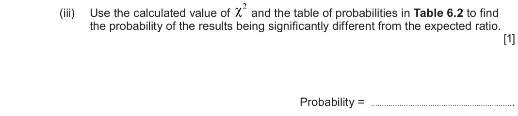 June 2023 Component 2, question 6(b)(iii): the probability of the results being significantly different from the expected ratio.  [1]  Probability =