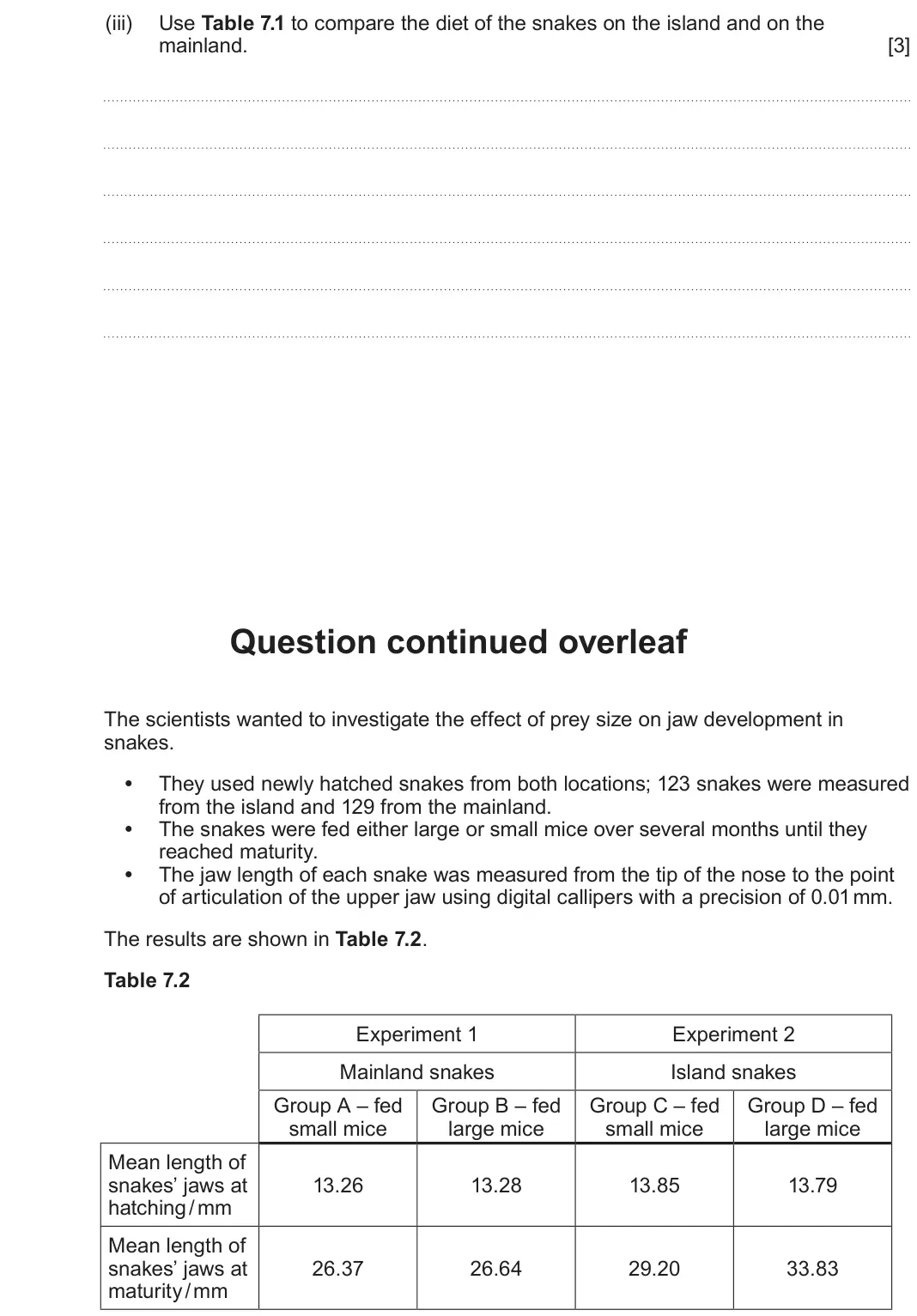 June 2023 Component 2, question 7(a)(iii): Use Table 7.1 to compare the diet of the snakes on the island and on the mainland. [3] Question continued overleaf The scientists wanted to investigate the effe