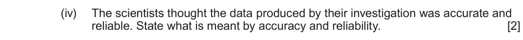 June 2023 Component 2, question 7(a)(iv): The scientists thought the data produced by their investigation was accurate and reliable. State what is meant by accuracy and reliability. [2]