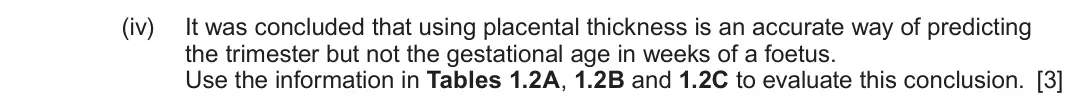 June 2024 Component 2, question 1(b)(iv): It was concluded that using placental thickness is an accurate way of predicting the trimester but not the gestational age in weeks of a foetus. Use the informa