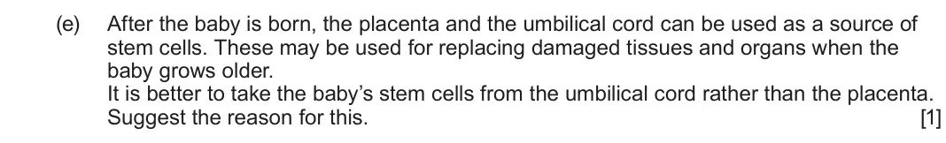 June 2024 Component 2, question 1(e): After the baby is born, the placenta and the umbilical cord can be used as a source of stem cells. These may be used for replacing damaged tissues and organs wh
