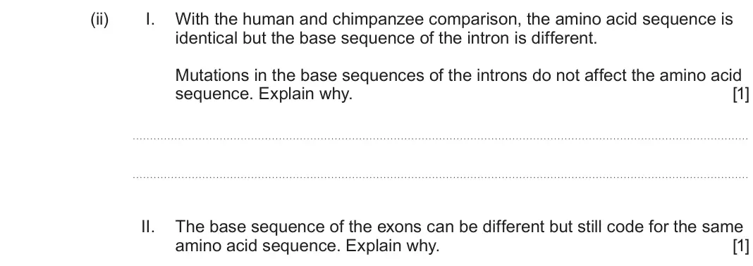 June 2024 Component 2, question 2(b)(ii): I. With the human and chimpanzee comparison, the amino acid sequence is identical but the base sequence of the intron is different. Mutations in the base sequen