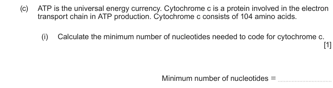 June 2024 Component 2, question 2(c)(i): Calculate the minimum number of nucleotides needed to code for cytochrome c.  [1] Minimum number of nucleotides =