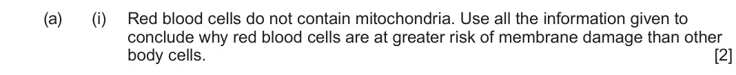 June 2024 Component 2, question 3(a)(i): Red blood cells do not contain mitochondria. Use all the information given to conclude why red blood cells are at greater risk of membrane damage than other bod