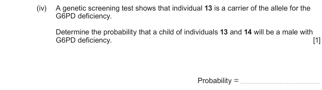 June 2024 Component 2, question 3(b)(iv): A genetic screening test shows that individual 13 is a carrier of the allele for the G6PD deficiency. Determine the probability that a child of individuals 13 a