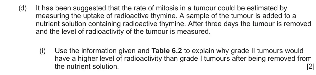 June 2024 Component 2, question 6(d)(i): Use the information given and Table 6.2 to explain why grade II tumours would have a higher level of radioactivity than grade I tumours after being removed from