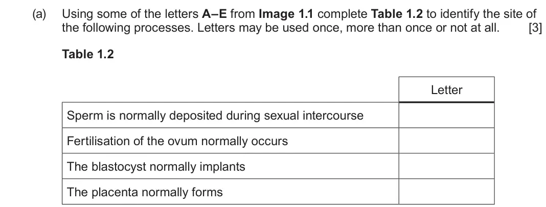 June 2025 Component 2, question 1(a): Using some of the letters A–E from Image 1.1 complete Table 1.2 to identify the site of the following processes. Letters may be used once, more than once or not
