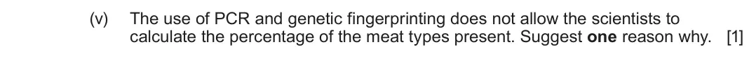 June 2025 Component 2, question 3(b)(v): The use of PCR and genetic fingerprinting does not allow the scientists to calculate the percentage of the meat types present. Suggest one reason why. [1]
