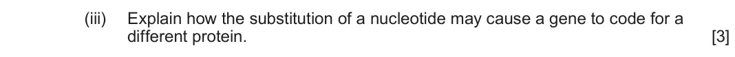 June 2025 Component 2, question 5(d)(iii): Explain how the substitution of a nucleotide may cause a gene to code for a different protein. [3]