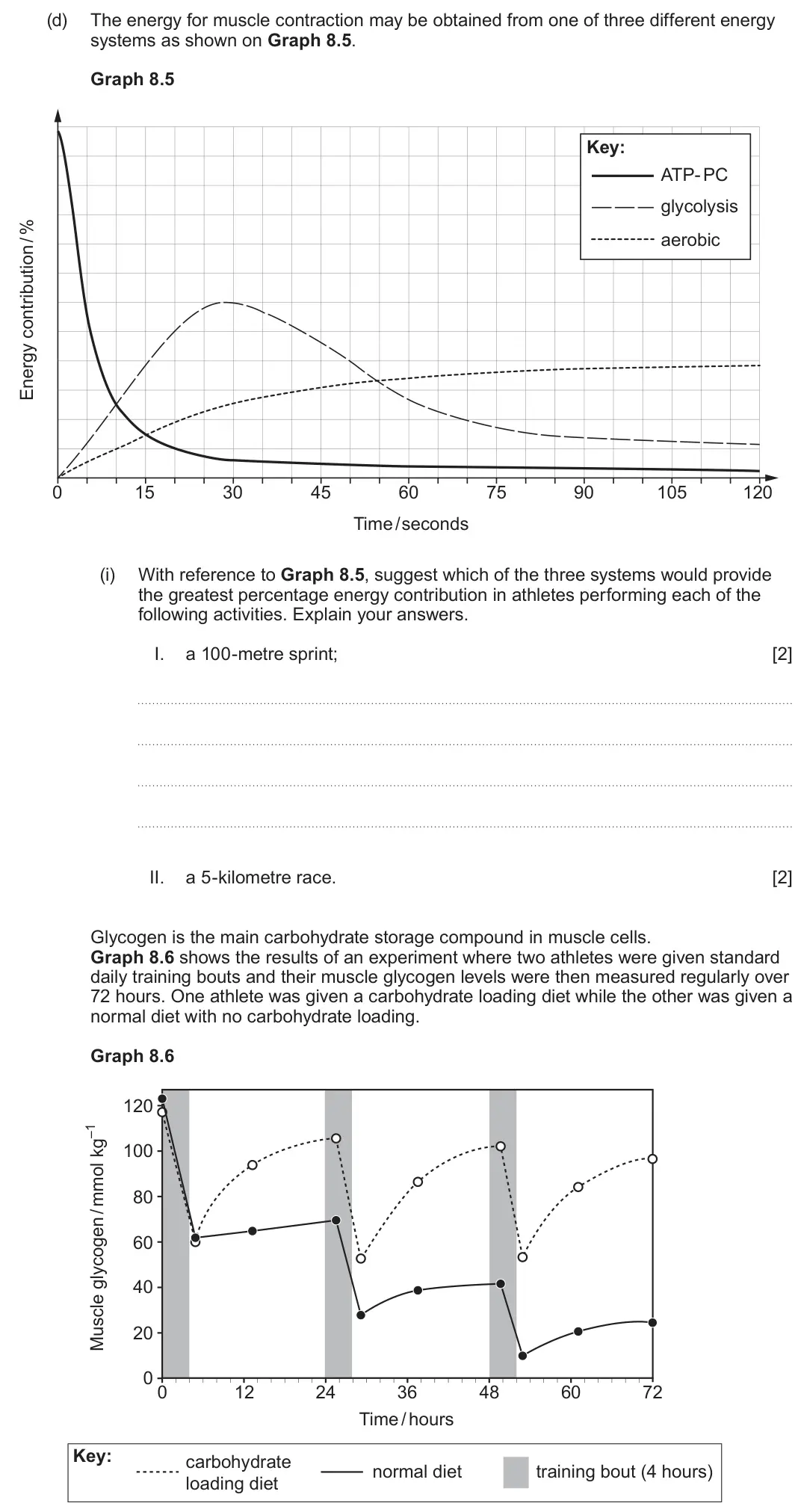 June 2024 Component 3, question 8(d)(i): With reference to Graph 8.5, suggest which of the three systems would provide the greatest percentage energy contribution in athletes performing each of the fol