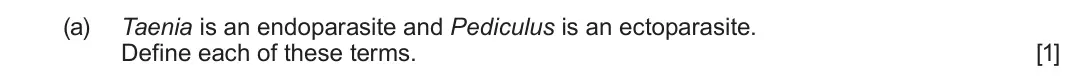 June 2025 Component 3, question 4(a): Taenia is an endoparasite and Pediculus is an ectoparasite. Define each of these terms. [1]