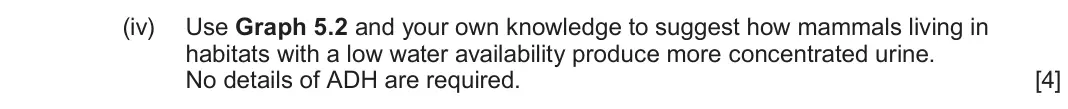 June 2025 Component 3, question 5(b)(iv): Use Graph 5.2 and your own knowledge to suggest how mammals living in habitats with a low water availability produce more concentrated urine. No details of ADH