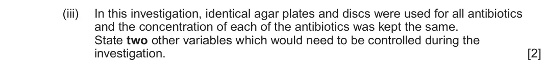 June 2025 Component 3, question 7(b)(iii): In this investigation, identical agar plates and discs were used for all antibiotics and the concentration of each of the antibiotics was kept the same. State t