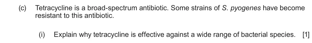 June 2025 Component 3, question 7(c)(i): Explain why tetracycline is effective against a wide range of bacterial species. [1]